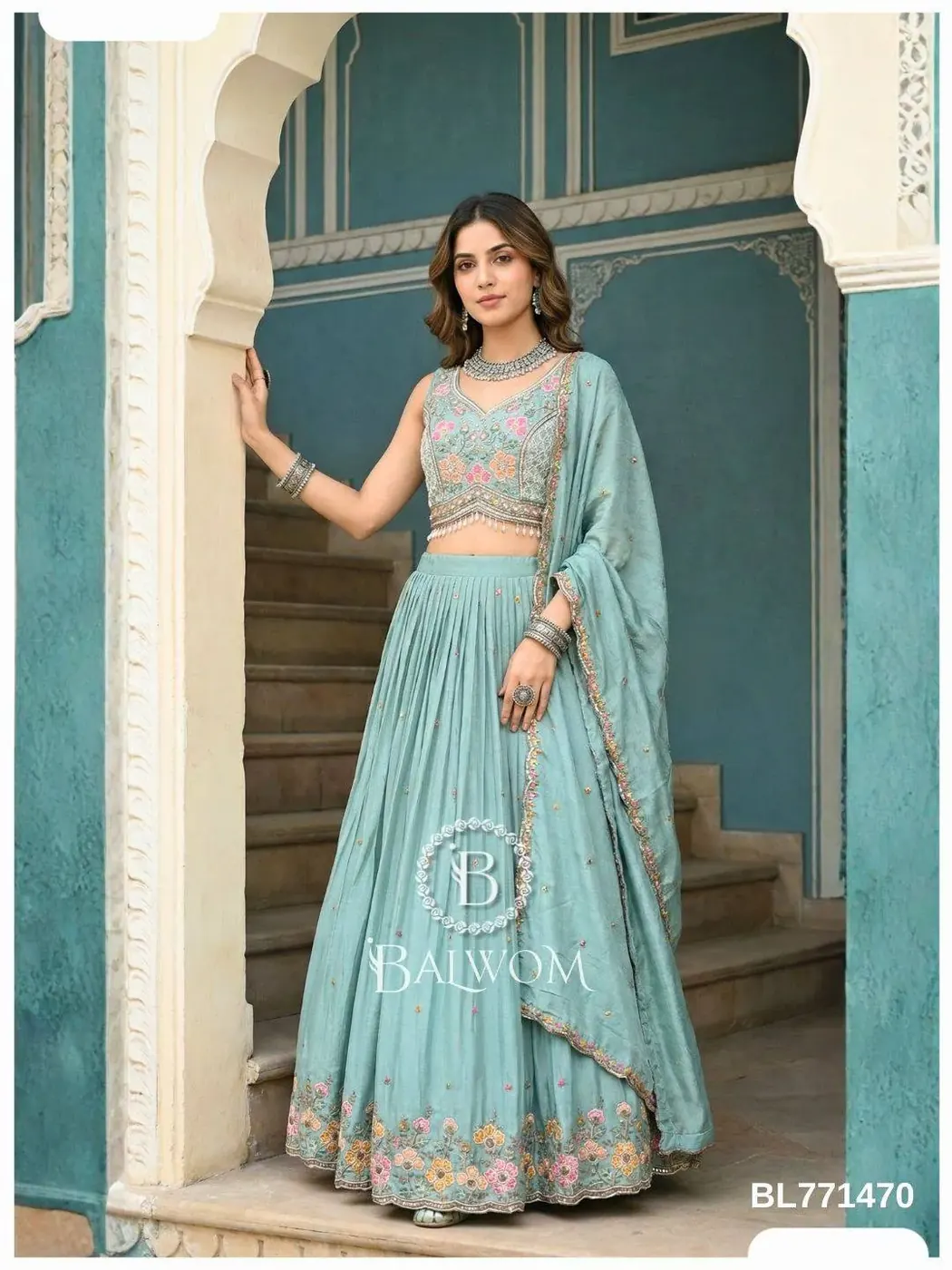 Firoza Sea Green Floral Zari Lehenga Set